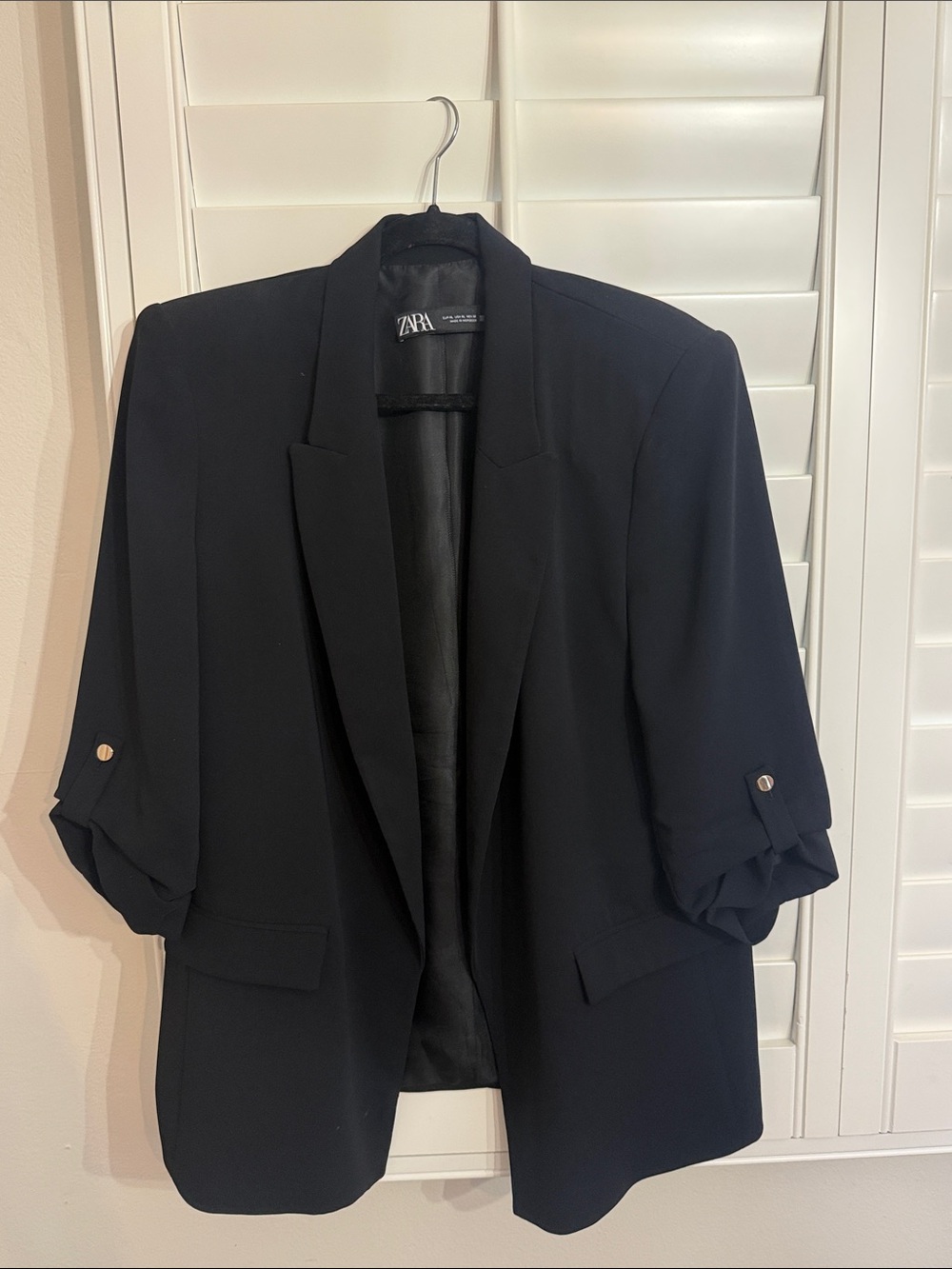 Zara Black Women's Open-Front Draped Blazer with Roll-Tab Sleeves